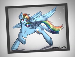 Size: 1024x768 | Tagged: safe, artist:mugitya012, imported from derpibooru, rainbow dash, pegasus, pony, female, mare, raised hoof, simple background, solo, white background, wings