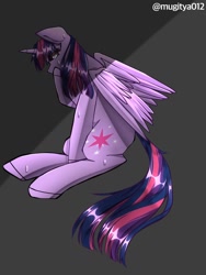 Size: 768x1024 | Tagged: safe, artist:mugitya012, imported from derpibooru, twilight sparkle, alicorn, pony, female, gray background, horn, mare, simple background, sitting, solo, sweat, twilight sparkle (alicorn), wings