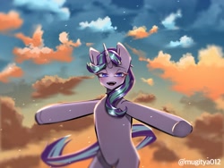 Size: 1024x768 | Tagged: safe, artist:mugitya012, imported from derpibooru, starlight glimmer, pony, unicorn, bipedal, cloud, female, horn, mare, sky, solo