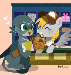 Size: 708x748 | Tagged: safe, artist:efuji_d, imported from derpibooru, derpy hooves, gabby, griffon, pegasus, pony, basket, cute, derpabetes, duo, female, food, gabbybetes, hat, heart, mailmare, mailmare hat, mailmare uniform, mare, mouth hold, muffin, post office, signature, spread wings, wings
