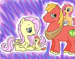 Size: 1606x1263 | Tagged: safe, artist:emmeredith14, imported from derpibooru, big macintosh, fluttershy, oc, oc:cherry blossom, oc:cinnamon crisp, earth pony, pegasus, pony, abstract background, colt, family, father and child, father and daughter, female, filly, fluttermac, foal, male, mare, mother and child, mother and son, oc riding big macintosh, offspring, parent:big macintosh, parent:fluttershy, parents:fluttermac, ponies riding ponies, riding, shipping, stallion, straight