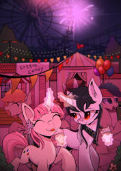 Size: 1240x1748 | Tagged: safe, artist:l8lhh8086, imported from derpibooru, oc, oc only, pony, unicorn, amusement park, balloon, ferris wheel, fireworks, food, ice cream, magic, string lights, telekinesis, tongue out