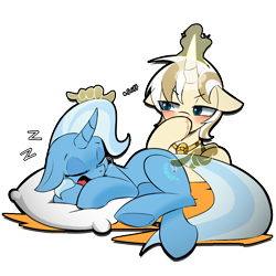 Size: 1024x1024 | Tagged: safe, artist:l8lhh8086, imported from derpibooru, trixie, oc, pony, unicorn, blood, female, glowing, glowing horn, horn, nosebleed, onomatopoeia, pillow, poking, simple background, sleeping, snoring, snot bubble, sound effects, transparent background, zzz