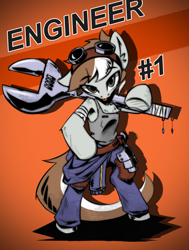 Size: 774x1024 | Tagged: safe, artist:l8lhh8086, imported from derpibooru, oc, oc only, earth pony, pony, semi-anthro, :p, coveralls, dirty, goggles, grease, solo, stain, tongue out, wrench