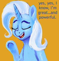 Size: 2971x3053 | Tagged: safe, artist:phutashi, imported from derpibooru, trixie, pony, unicorn, dialogue, eyes closed, female, great and powerful, mare, open mouth, open smile, simple background, smiling, solo, underhoof, yellow background