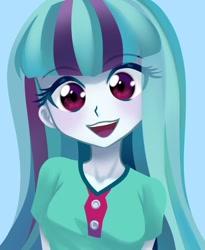 Size: 884x1080 | Tagged: safe, artist:rileyav, imported from derpibooru, sonata dusk, human, equestria girls, blouse, blue background, cute, eye clipping through hair, female, happy, looking at you, open mouth, open smile, simple background, smiling, smiling at you, solo, sonatabetes