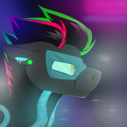 Size: 2300x2300 | Tagged: safe, artist:molars, imported from derpibooru, oc, oc:krypt, pegasus, pony, augmented, crowd, cyber, cyberpunk, ear piercing, male, piercing, racehorse, racing, solo, stallion, visor