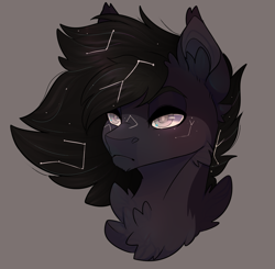 Size: 1893x1857 | Tagged: safe, artist:highrolleryt, imported from derpibooru, oc, oc only, earth pony, pony, bust, chest fluff, constellation, ear fluff, earth pony oc, ethereal mane, frown, gray background, simple background, solo, starry mane