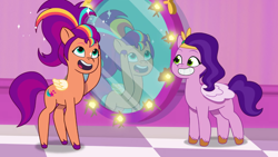 Size: 3500x1969 | Tagged: safe, imported from derpibooru, screencap, pipp petals, sunny starscout, alicorn, earth pony, pegasus, pony, spoiler:g5, spoiler:my little pony: tell your tale, spoiler:tyts01e14, alicorn issues, duo, female, g5, mare, mirror, my little pony: tell your tale, race swap, sunnycorn