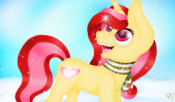 Size: 1280x750 | Tagged: safe, artist:prettyshinegp, imported from derpibooru, oc, oc only, pony, unicorn, clothes, female, horn, looking back, mare, open mouth, scarf, signature, smiling, snow, solo, unicorn oc