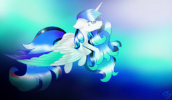 Size: 1280x750 | Tagged: safe, artist:prettyshinegp, imported from derpibooru, oc, oc only, alicorn, pony, alicorn oc, female, flying, horn, mare, signature, solo, wings