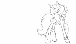 Size: 1280x750 | Tagged: safe, artist:prettyshinegp, imported from derpibooru, oc, oc only, pony, unicorn, bracelet, clothes, female, horn, jewelry, lineart, mare, raised hoof, signature, simple background, smiling, socks, solo, unicorn oc, white background