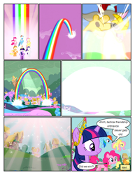 Size: 612x792 | Tagged: safe, artist:newbiespud, edit, edited screencap, imported from derpibooru, screencap, applejack, discord, fluttershy, pinkie pie, rainbow dash, rarity, twilight sparkle, draconequus, earth pony, pegasus, pony, unicorn, comic:friendship is dragons, the return of harmony, big crown thingy, chaos, comic, dialogue, discorded landscape, element of magic, female, jewelry, levitation, magic, male, mane six, mare, ponyville, rainbow, rainbow trail, regalia, screencap comic, smiling, telekinesis, unicorn twilight