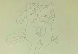 Size: 640x442 | Tagged: safe, artist:up_p_ab, imported from derpibooru, apple bloom, babs seed, earth pony, pony, cousins, eyes closed, female, filly, foal, hug, sketch, traditional art