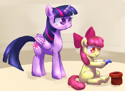 Size: 460x337 | Tagged: safe, artist:toki, artist:up_p_ab, imported from derpibooru, apple bloom, twilight sparkle, alicorn, earth pony, pony, twilight time, blushing, duo, female, filly, flask, foal, mare, plant pot, sitting, twilight sparkle (alicorn)