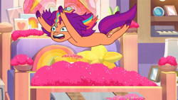 Size: 3410x1920 | Tagged: safe, imported from derpibooru, screencap, sunny starscout, earth pony, pony, spoiler:g5, spoiler:tyts01e14, alicorn issues, bed, falling, female, g5, glitter, high res, mane stripe sunny, mare, messy mane, my little pony: tell your tale, open mouth, solo