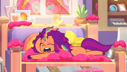 Size: 3410x1920 | Tagged: safe, imported from derpibooru, screencap, sunny starscout, earth pony, pony, spoiler:g5, spoiler:tyts01e14, alicorn issues, bed, eyes closed, female, g5, glitter, high res, mane stripe sunny, mare, messy mane, my little pony: tell your tale, open mouth, solo