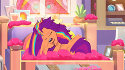 Size: 3410x1920 | Tagged: safe, imported from derpibooru, screencap, sunny starscout, earth pony, pony, spoiler:g5, spoiler:tyts01e14, alicorn issues, bed, eyes closed, female, g5, glitter, great moments in animation, high res, mane stripe sunny, mare, messy mane, my little pony: tell your tale, open mouth, solo