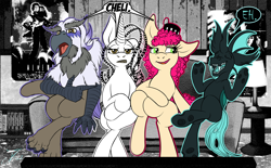 Size: 1250x775 | Tagged: safe, artist:jamescorck, imported from derpibooru, oc, oc only, oc:chelicera, oc:cotton bucket, oc:jamesy, oc:movie slate, changeling, earth pony, griffon, pony, unicorn, green changeling