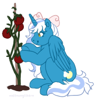 Size: 200x200 | Tagged: safe, artist:hoffnungsstern, imported from derpibooru, oc, oc:fleurbelle, alicorn, alicorn oc, bow, female, food, gardening, hair bow, herbivore, horn, mare, plant, simple background, sitting, tomato, transparent background, wings, yellow eyes