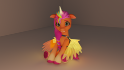 Size: 1920x1080 | Tagged: source needed, safe, anonymous artist, imported from derpibooru, sunny starscout, alicorn, earth pony, pony, 3d, 3d model, alicornified, artificial horn, artificial wings, augmented, bag, blender, female, floppy ears, folded wings, g5, heart, hoof heart, horn, magic, magic horn, magic wings, mare, my little pony: a maretime bay adventure, pins, race swap, saddle bag, sitting, smiling, solo, sunnycorn, underhoof, upside-down hoof heart, wings