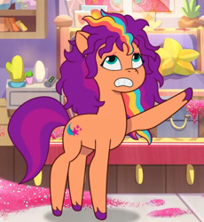 Size: 1235x1345 | Tagged: safe, imported from derpibooru, screencap, sunny starscout, earth pony, pony, spoiler:g5, spoiler:my little pony: tell your tale, spoiler:tyts01e14, alicorn issues, cropped, female, g5, glitter, mane stripe sunny, mare, messy mane, my little pony: tell your tale, solo