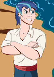 Size: 1026x1472 | Tagged: safe, artist:ocean lover, imported from derpibooru, shining armor, human, beach, blue eyes, clothes, crossed arms, disney, disney style, handsome, human coloration, humanized, male, pants, prince eric, sand, shirt, solo, species swap, teeth, the little mermaid, water, wave