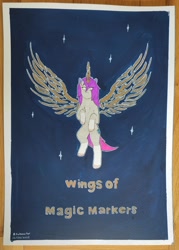 Size: 2250x3141 | Tagged: safe, artist:autumnsfur, imported from derpibooru, oc, oc only, oc:glitter stone, alicorn, earth pony, pony, unicorn, diamond, female, flying, golden wings, marker drawing, no eyes, painting, purple mane, sharpie, simple background, solo, standing on two hooves, stars, text, traditional art, wings