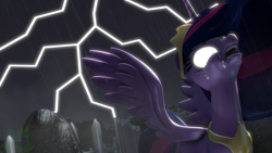Size: 1920x1080 | Tagged: safe, artist:yrbertthecat, imported from derpibooru, twilight sparkle, alicorn, pony, the last problem, 3d, angry, collar, crying, female, fog, graveyard, immortality blues, jewelry, lightning, mare, older, older twilight, open mouth, princess twilight 2.0, rain, song reference, source filmmaker, spread wings, storm, tears of rage, tiara, twilight sparkle (alicorn), twilight sparkle glowing eyes, wings