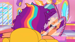 Size: 3410x1920 | Tagged: safe, imported from derpibooru, screencap, sunny starscout, pegasus, pony, spoiler:g5, spoiler:tyts01e14, alicorn issues, eyes closed, female, g5, high res, mane melody (location), mane stripe sunny, mare, messy mane, mirror, my little pony: tell your tale, open mouth, pegasus sunny starscout, race swap, solo