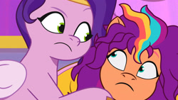 Size: 3410x1920 | Tagged: safe, imported from derpibooru, screencap, pipp petals, sunny starscout, pegasus, pony, spoiler:g5, spoiler:tyts01e14, alicorn issues, duo, female, g5, high res, looking at each other, looking at someone, mane stripe sunny, mare, messy mane, my little pony: tell your tale, pegasus sunny starscout, race swap