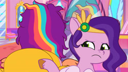 Size: 3410x1920 | Tagged: safe, imported from derpibooru, screencap, pipp petals, sunny starscout, pegasus, pony, spoiler:g5, spoiler:tyts01e14, alicorn issues, duo, female, g5, high res, mane stripe sunny, mare, messy mane, mirror, my little pony: tell your tale, pegasus sunny starscout, race swap