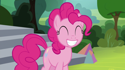 Size: 1280x720 | Tagged: safe, imported from derpibooru, screencap, pinkie pie, earth pony, pony, horse play, season 8, spoiler:s08, ^^, cute, diapinkes, eyes closed, grin, happy, pinkie smile, shit eating grin, smiling, solo, teeth