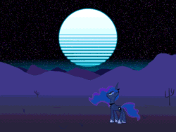 Size: 1486x1115 | Tagged: safe, artist:marrsund, imported from derpibooru, princess luna, alicorn, pony, animated, desert, moon, night, retrowave, scenery, solo, synthwave
