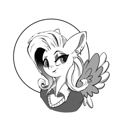 Size: 1925x2013 | Tagged: safe, artist:i love hurt, imported from derpibooru, fluttershy, pegasus, pony, bust, female, fluttergoth, mare, monochrome, nimbus, portrait, solo, wings
