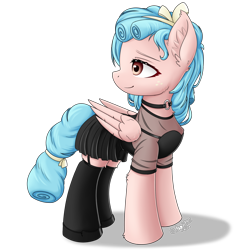 Size: 2000x2000 | Tagged: safe, artist:hugo231929, derpibooru exclusive, imported from derpibooru, cozy glow, pegasus, pony, choker, clothes, cozybetes, cute, dress, ear fluff, female, goth, looking back, mare, older, older cozy glow, reformed, ribbon, simple background, skirt, smiling, socks, solo, stockings, thigh highs, transparent background