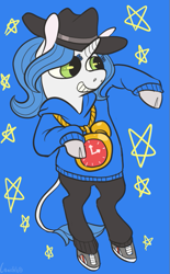 Size: 459x741 | Tagged: dead source, safe, artist:comickit, imported from derpibooru, oc, oc only, oc:somasis, pony, unicorn, 2014, alarm clock, bipedal, clock, clothes, female, hat, hoodie, rapper, solo