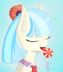 Size: 1650x1890 | Tagged: safe, artist:drakang, imported from derpibooru, coco pommel, earth pony, pony, bow, bust, candy, ear fluff, eating, eyes closed, female, food, hair, hair bow, lollipop, mare, portrait, solo