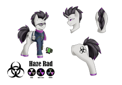 Size: 5427x3791 | Tagged: safe, alternate version, artist:rinikka, imported from derpibooru, oc, oc only, oc:haze rad, pony, unicorn, fallout equestria, bag, bust, clothes, colored hooves, commissioner:biohazard, eyebrows, eyewear, glasses, high res, highlights, horn, jumpsuit, lidded eyes, male, mohawk, multiple views, pipbuck, portrait, purple eyes, rear view, reference sheet, saddle bag, scarf, side view, simple background, smiling, solo, stallion, sunglasses, transparent background, unicorn oc, unshorn fetlocks, vault suit