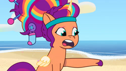 Size: 3410x1920 | Tagged: safe, imported from derpibooru, screencap, sunny starscout, alicorn, earth pony, pony, spoiler:g5, spoiler:tyts01e14, alicorn issues, beach, female, g5, high res, mane stripe sunny, mare, my little pony: tell your tale, open mouth, race swap, solo, sunnycorn