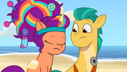 Size: 3410x1920 | Tagged: safe, imported from derpibooru, screencap, hitch trailblazer, sunny starscout, alicorn, earth pony, pony, spoiler:g5, spoiler:tyts01e14, alicorn issues, beach, duo, eyes closed, female, g5, high res, male, mare, my little pony: tell your tale, race swap, stallion, sunnycorn