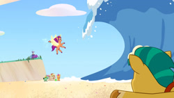 Size: 3410x1920 | Tagged: safe, imported from derpibooru, screencap, hitch trailblazer, sunny starscout, alicorn, earth pony, pony, spoiler:g5, spoiler:tyts01e14, alicorn issues, beach, colt, crystal brighthouse, eyes closed, female, filly, foal, g5, high res, male, mare, my little pony: tell your tale, open mouth, race swap, spread wings, stallion, sunnycorn, unnamed character, wave, wings