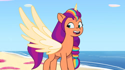 Size: 3410x1920 | Tagged: safe, imported from derpibooru, screencap, sunny starscout, alicorn, pony, spoiler:g5, spoiler:tyts01e14, alicorn issues, beach, female, g5, high res, mane stripe sunny, mare, my little pony: tell your tale, open mouth, open smile, race swap, smiling, solo, spread wings, sunnycorn, wings