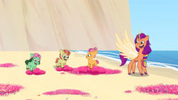 Size: 3410x1920 | Tagged: safe, imported from derpibooru, screencap, sunny starscout, alicorn, earth pony, pony, spoiler:g5, spoiler:tyts01e14, alicorn issues, beach, colt, female, filly, foal, g5, glitter, high res, male, mare, my little pony: tell your tale, open mouth, open smile, race swap, smiling, spread wings, sunnycorn, unnamed character, unnamed pony, wings