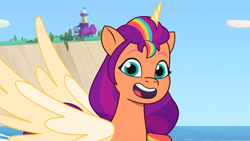 Size: 3410x1920 | Tagged: safe, imported from derpibooru, screencap, sunny starscout, alicorn, pony, spoiler:g5, spoiler:tyts01e14, alicorn issues, beach, crystal brighthouse, female, g5, high res, looking at you, mane stripe sunny, mare, my little pony: tell your tale, open mouth, open smile, race swap, smiling, smiling at you, solo, spread wings, sunnycorn, wings