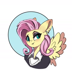 Size: 1925x2013 | Tagged: safe, artist:i love hurt, imported from derpibooru, fluttershy, pegasus, pony, bust, clothes, female, fluttergoth, g4, goth, mare, nimbus, pink hair, portrait, simple background, solo, white background, wings