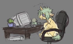 Size: 1345x821 | Tagged: safe, artist:purple-blep, imported from derpibooru, oc, oc only, oc:keylime, oc:lime, pony, unicorn, chair, coffee, coffee mug, computer, mug, pc, solo, stressed