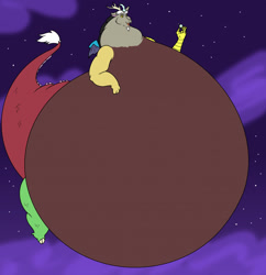 Size: 1239x1280 | Tagged: safe, artist:saintdraconis, imported from derpibooru, discord, draconequus, belly, bhm, big belly, fat, fat tail, huge belly, impossibly large belly, macro, male, morbidly obese, neck roll, obese, pear shaped, planet, pony bigger than a planet, solo, space, tail