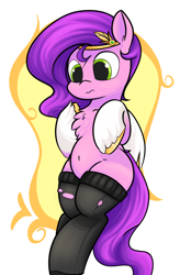 Size: 1200x1830 | Tagged: safe, artist:calilixy, imported from derpibooru, pipp petals, pegasus, pony, adorapipp, adorasexy, belly, belly button, bipedal, chest fluff, chubby, clothes, cute, female, g5, mare, pipp is chubby, plump, sexy, simple background, socks, solo, stockings, thigh highs, white background