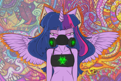 Size: 1798x1198 | Tagged: safe, artist:toxix kitkat, imported from derpibooru, twilight sparkle, alicorn, anthro, biohazard, bra, bust, clothes, crop top bra, cybergoth, cyberpunk, female, gas mask, mask, portrait, psychedelic, psytrance, respirator, solo, spread wings, trippy, twilight sparkle (alicorn), underwear, wallpaper, wallpaper for the fearless, wings